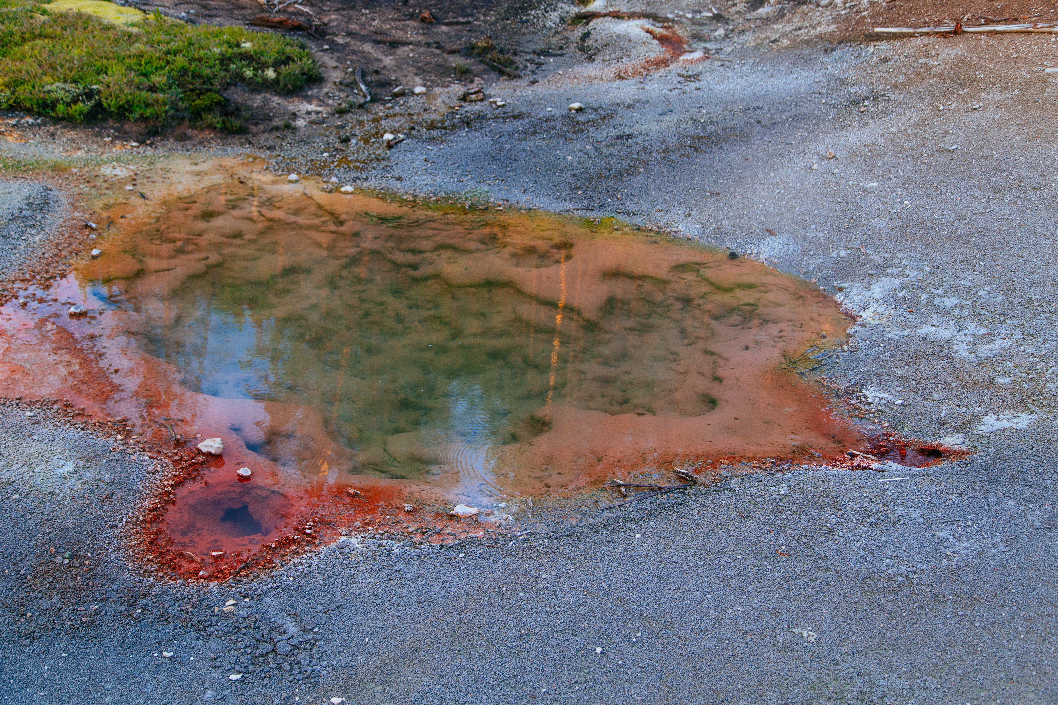 A pool of water in Yellowstone, with orange and red sediment buildup. The pool is surrounded by grey rocks.