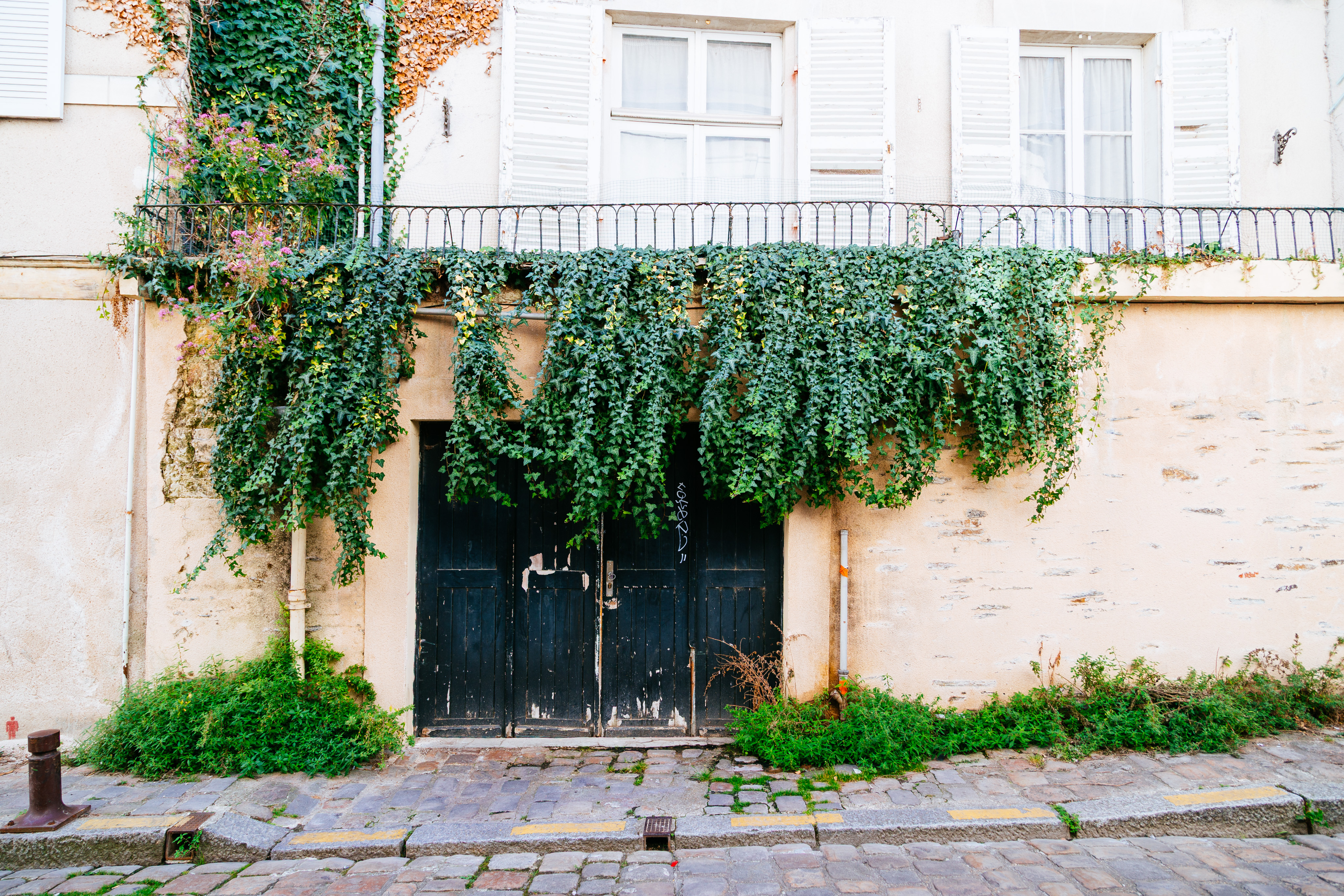 view of a garage entrance on a cobble stone street. Ivy drapes down over the wall of the building and the garage door from a terrace above.