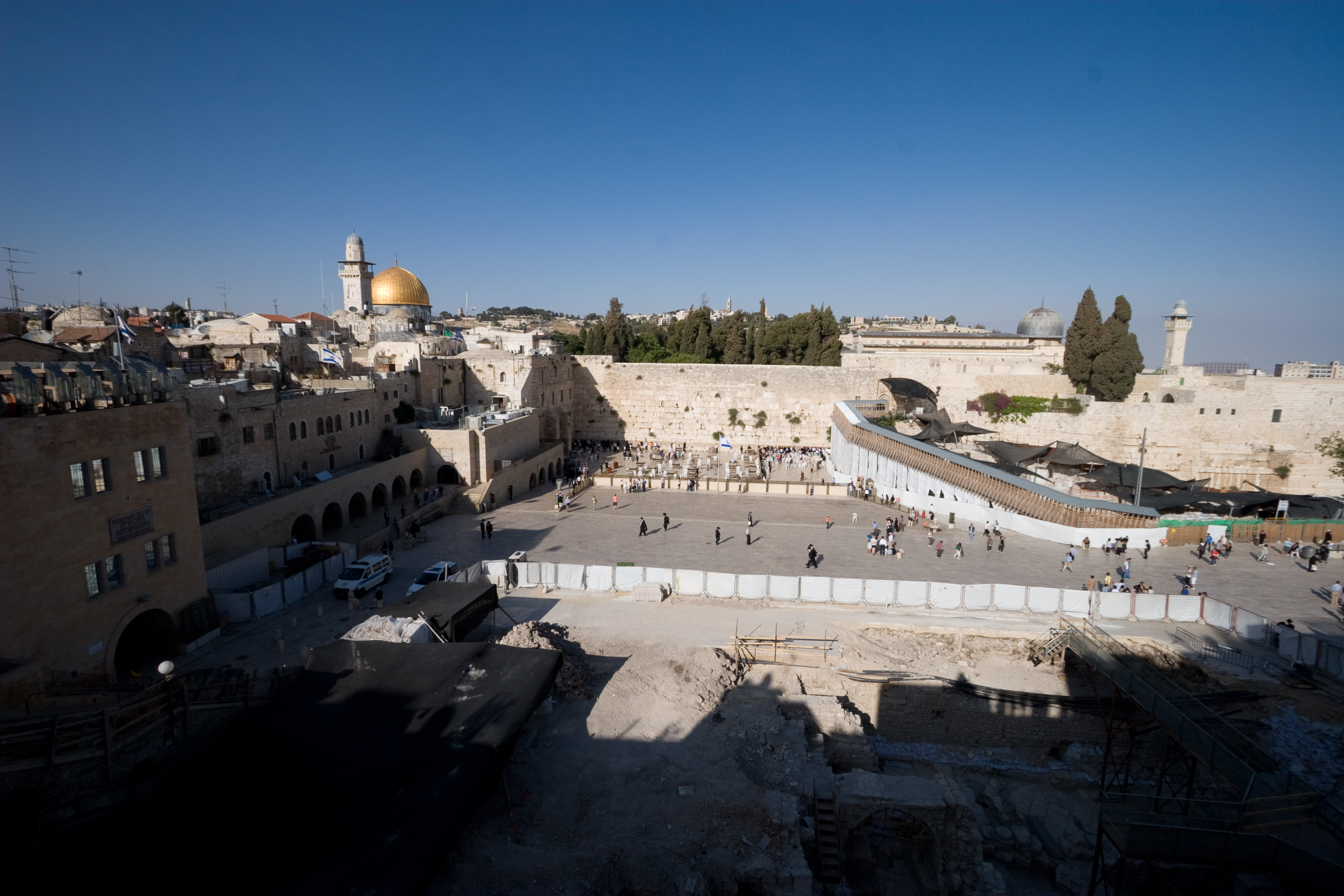 Left to right: The Dome of the Rock, the Western Wall, and the Al Aqsa Mosque