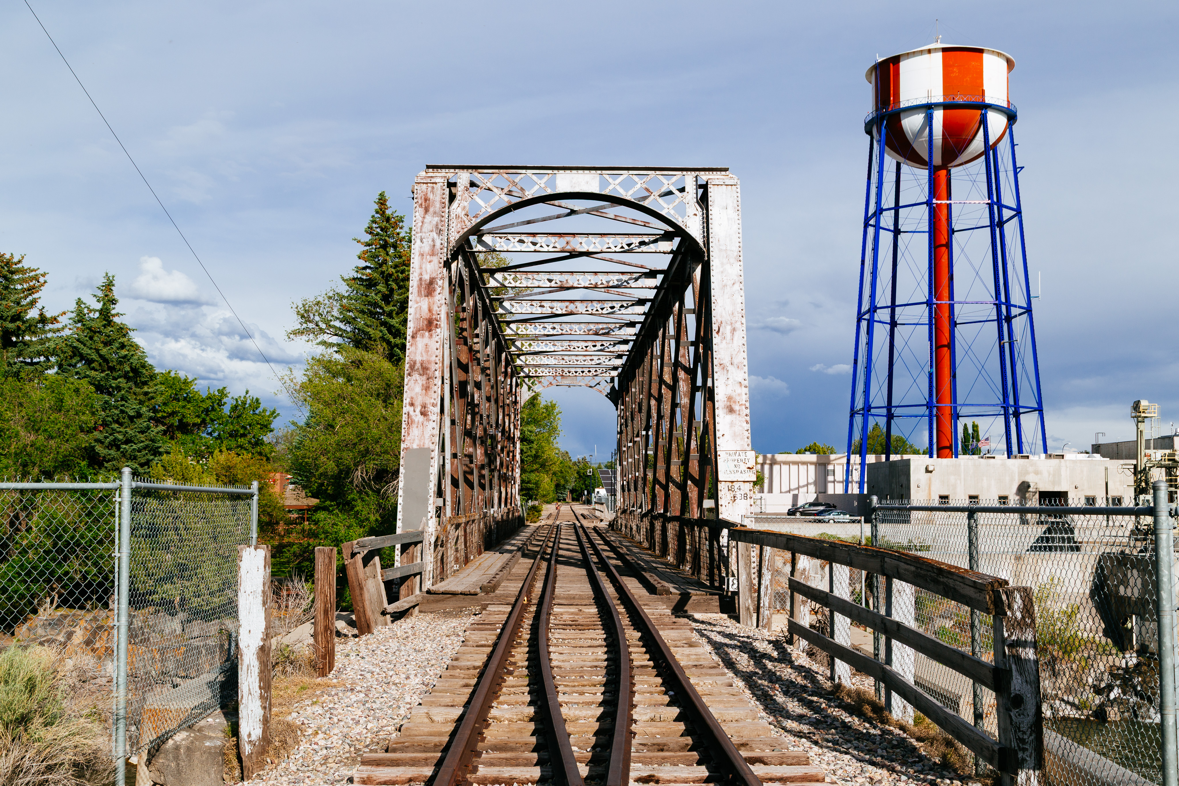 A railroad bridge, and prominent water tower in Idaho Falls