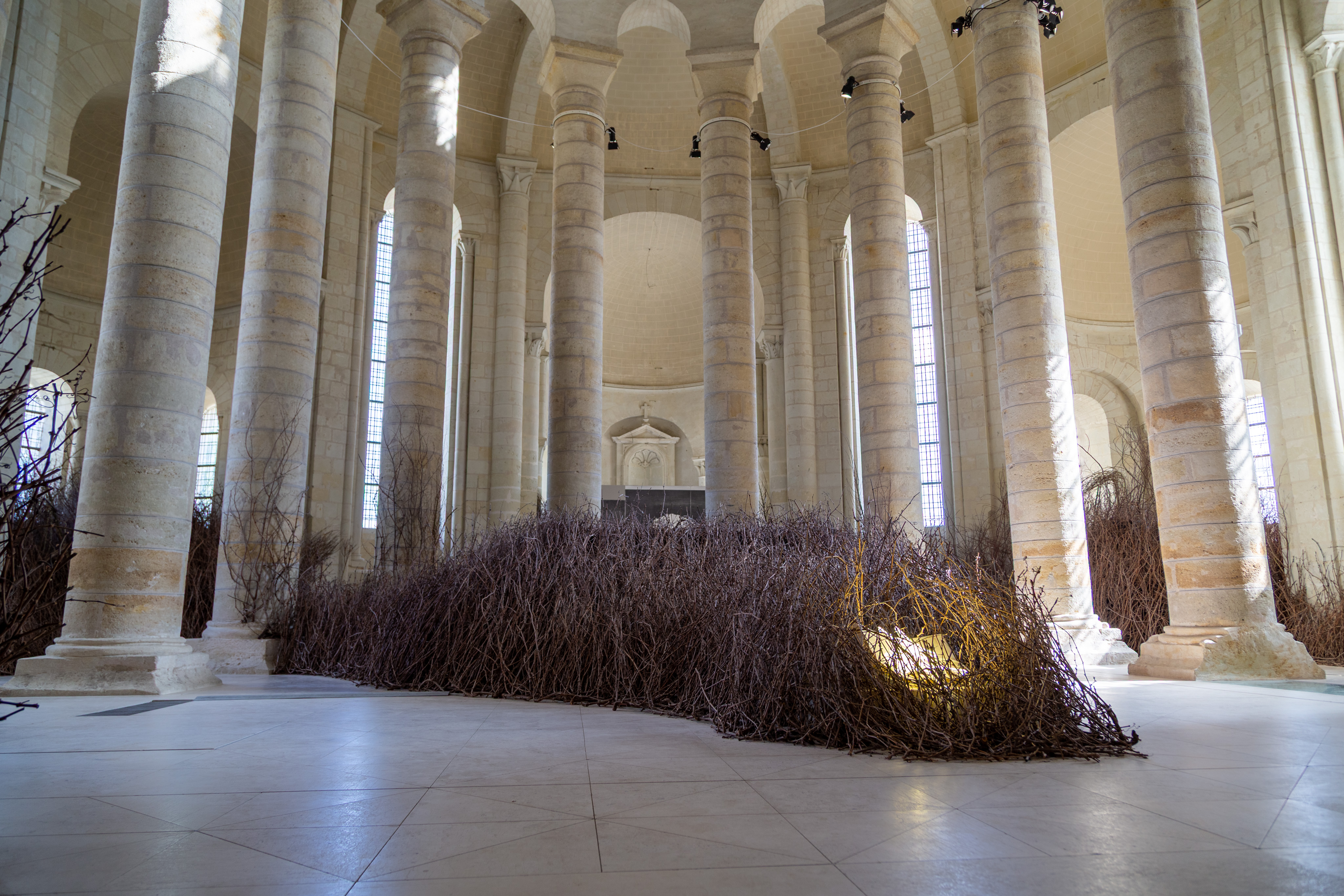 A large art installation in an abbey: A huge number of small brown twigs are formed into a mass int eh center of an area ringed with columns. The shape is abstract, but there is a bright light towards the front.
